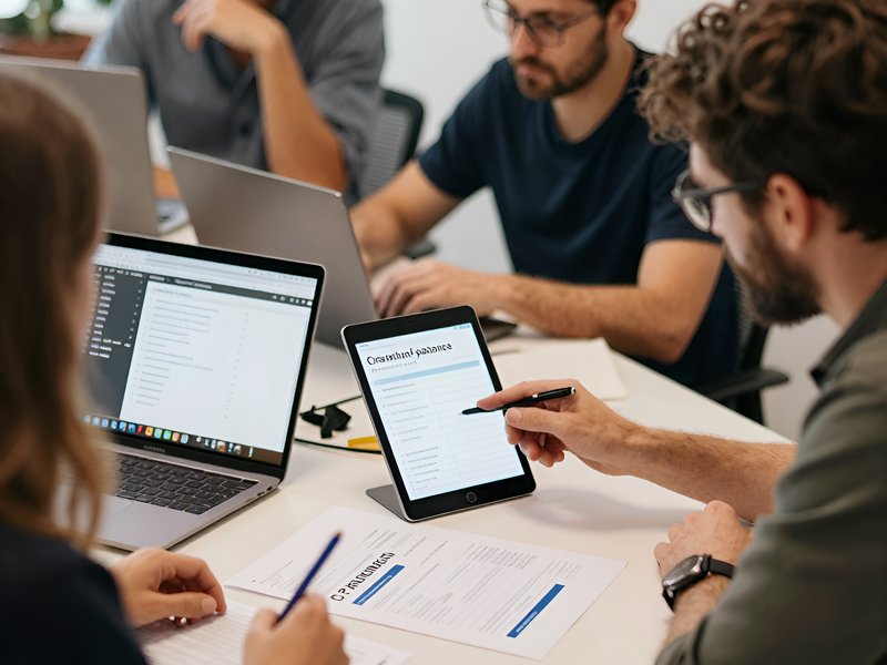Команда разработчиков The-Dma обсуждает проект приложения для учета личных финансов в офисе